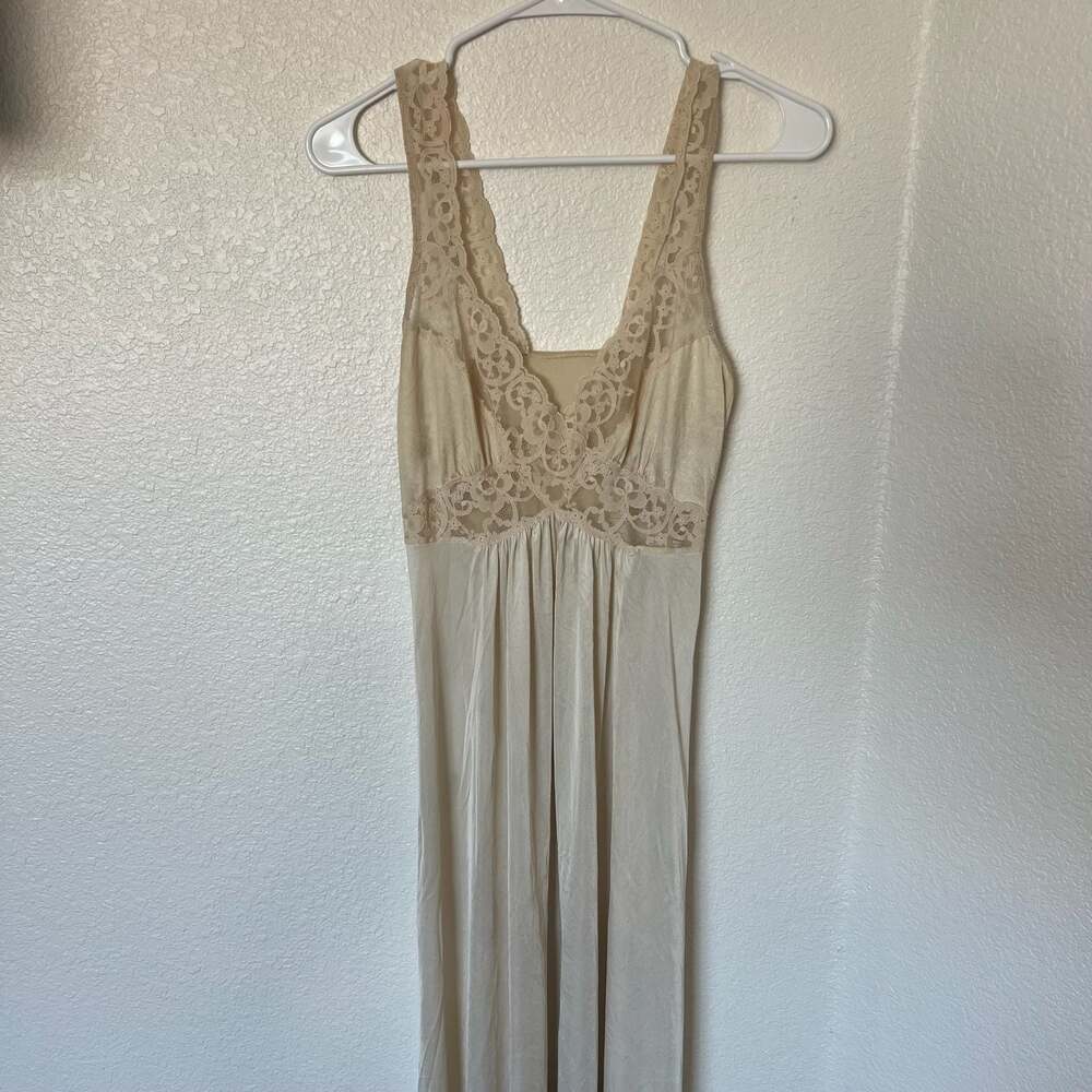 Vintage Cream Lace Trim Coquette Satin Long Nightgown Cottage Slip Dress XS